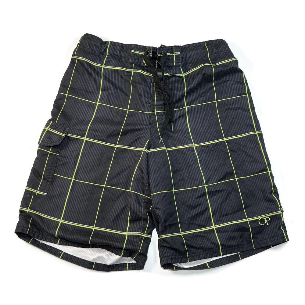 OP Ocean Pacific Board Shorts Mens‎ Medium Swim Trunks Black Check Cargo Pocket